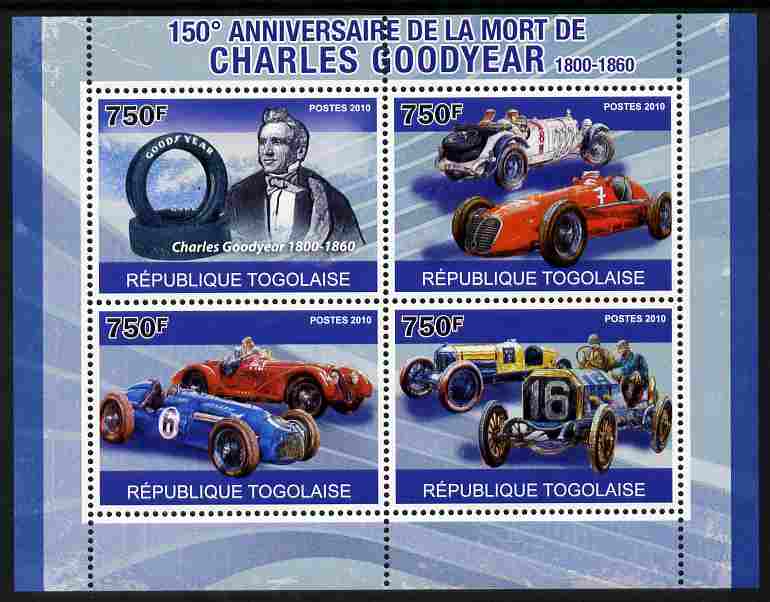 Togo 2010 150th Death Anniversary of Charles Goodyear perf sheetlet containing 4 values unmounted mint , stamps on transport, stamps on cars, stamps on tyres, stamps on formula 1, stamps on  f1 , stamps on 