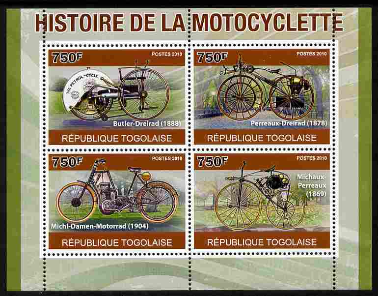 Togo 2010 History of the Motorcycle perf sheetlet containing 4 values unmounted mint , stamps on transport, stamps on motorbikes