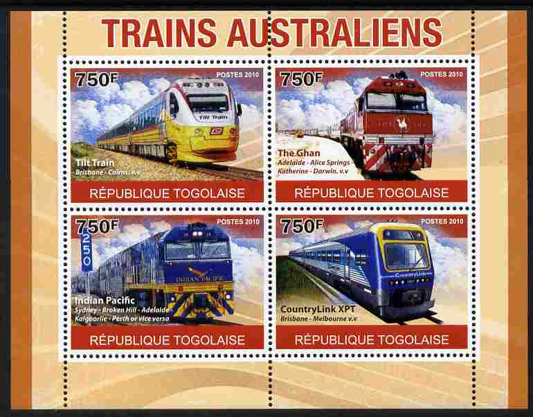 Togo 2010 Australian Trains perf sheetlet containing 4 values unmounted mint , stamps on transport, stamps on railways
