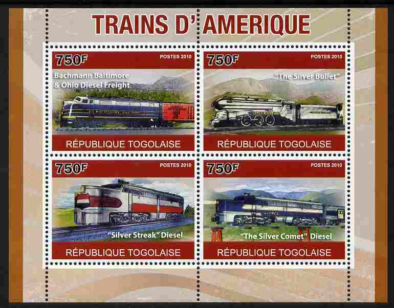 Togo 2010 American Trains perf sheetlet containing 4 values unmounted mint , stamps on transport, stamps on railways