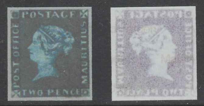 Mauritius 1847 Post Office 2d deep-blue  Maryland imperforate forgery on gummed paper as SG2.  The word Forgery is printed on the back and comes on a presentation card wi..., stamps on maryland, stamps on forgery, stamps on forgeries
