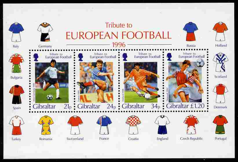Gibraltar 1996 Football European Championship perf m/sheet unmounted mint SG MS775, stamps on football