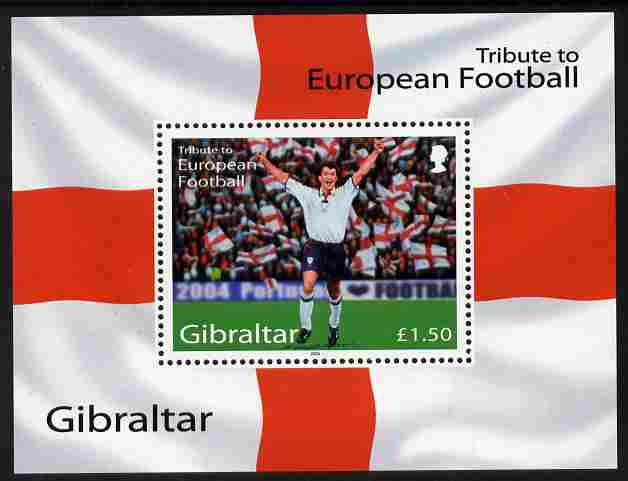 Gibraltar 2004 Football European Championship perf m/sheet (Â£1.50 value) unmounted mint SG MS1087a, stamps on football