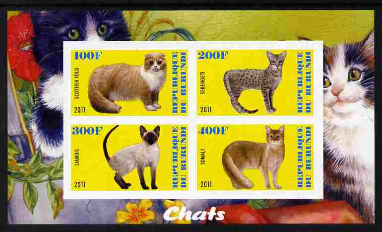 Burundi 2011 Domestic Cats #2 - yellow background imperf sheetlet containing 4 values unmounted mint, stamps on animals, stamps on cats
