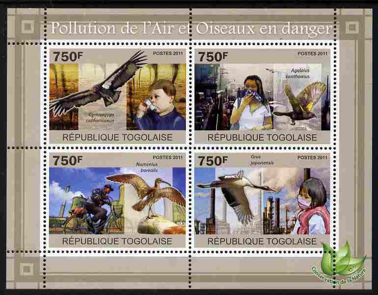 Togo 2011 Air Pollution & Endangered Birds perf sheetlet containing 4 values unmounted mint, stamps on environment, stamps on animals, stamps on  wwf , stamps on birds, stamps on bicycles, stamps on  oil , stamps on 