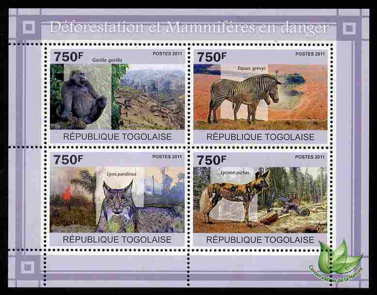 Togo 2011 Environment - Deforestation & Endangered Mammals perf sheetlet containing 4 values unmounted mint, stamps on environment, stamps on animals, stamps on  wwf , stamps on mammals, stamps on trees, stamps on apes, stamps on zebra, stamps on lynx, stamps on 
