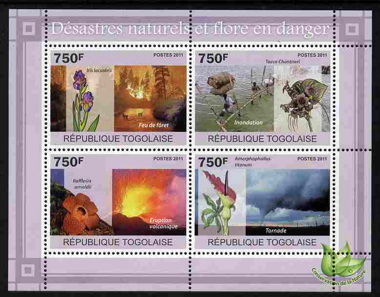 Togo 2011 Natural Disasters & Endangered Flora perf sheetlet containing 4 values unmounted mint, stamps on environment, stamps on flowers, stamps on disasters, stamps on volcanoes, stamps on weather, stamps on fire, stamps on 