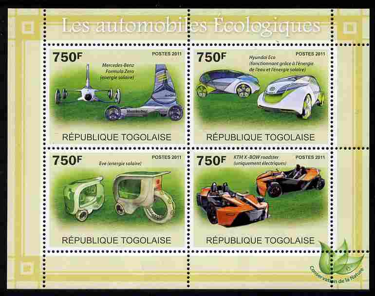 Togo 2011 Ecological Cars perf sheetlet containing 4 values unmounted mint, stamps on environment, stamps on energy, stamps on cars