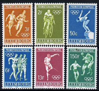Luxembourg 1967 Mexico Olympic Games set of 6 unmounted mint, SG 815-20, stamps on olympics, stamps on football, stamps on diving, stamps on bicycles, stamps on running, stamps on walking, stamps on fencing