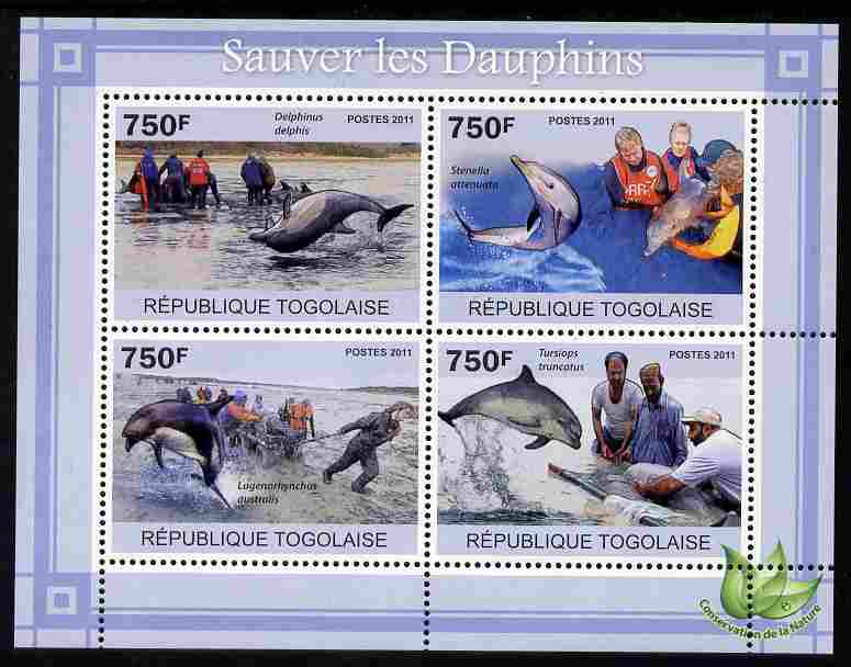 Togo 2011 Save the Dolphins perf sheetlet containing 4 values unmounted mint, stamps on whales, stamps on dolphins