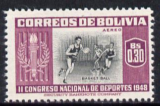Bolivia 1951 Basketball 30c (from Sports set of 14) SG 539 unmounted mint*, stamps on sport, stamps on basketball