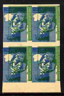 Turkey 1966 Child Welfare 2.5L imperf proof block of 4 in green doubly printed with 50k reverse shows impressions of 25k on ungummed paper similar to SG T1573 etc, stamps on children, stamps on nurses