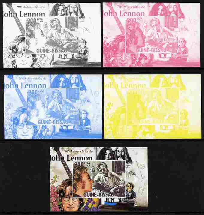Guinea - Bissau 2010 John Lennon 70th Birth Anniversary #1 individual deluxe sheet - the set of 5 imperf progressive proofs comprising the 4 individual colours plus all 4-colour composite, unmounted mint , stamps on personalities, stamps on beatles, stamps on music, stamps on rock, stamps on pops