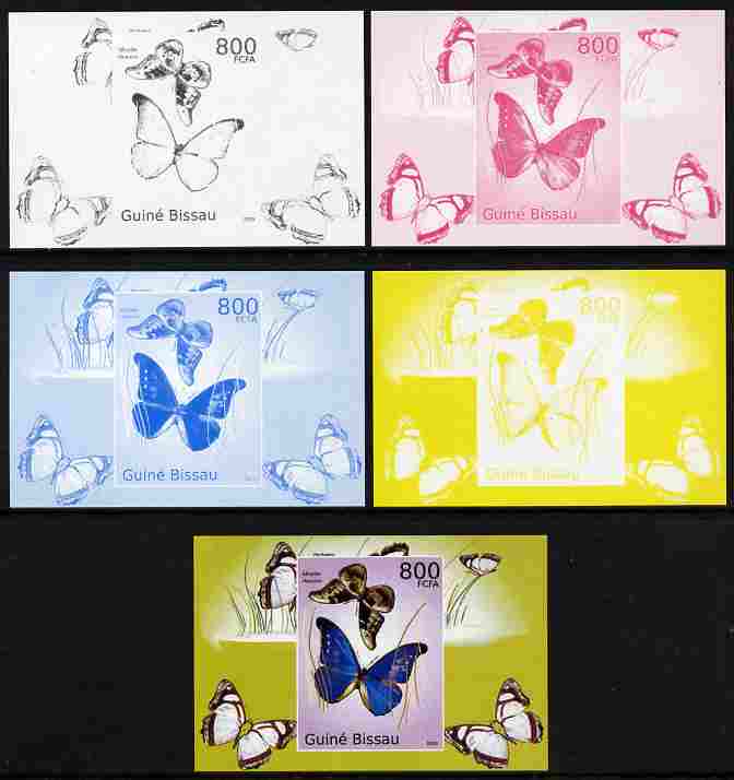 Guinea - Bissau 2010 Butterflies #04 individual deluxe sheet - the set of 5 imperf progressive proofs comprising the 4 individual colours plus all 4-colour composite, unmounted mint , stamps on butterflies