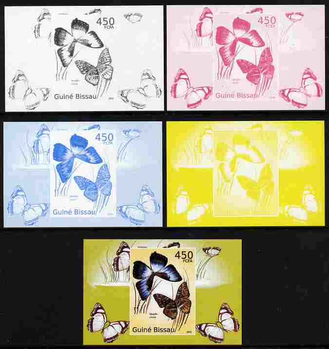 Guinea - Bissau 2010 Butterflies #06 individual deluxe sheet - the set of 5 imperf progressive proofs comprising the 4 individual colours plus all 4-colour composite, unmounted mint , stamps on butterflies