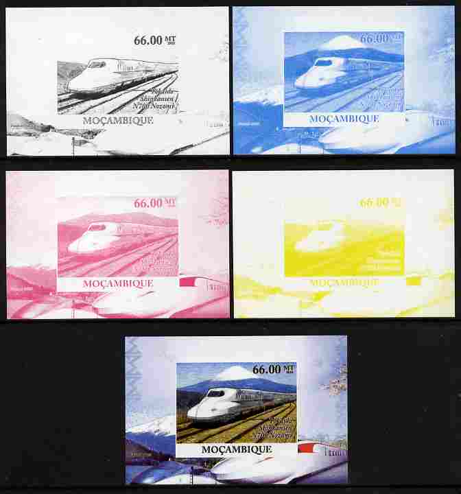 Mozambique 2010 Japanese High Speed Trains #5 individual deluxe sheet - the set of 5 imperf progressive proofs comprising the 4 individual colours plus all 4-colour composite, unmounted mint , stamps on , stamps on  stamps on railways