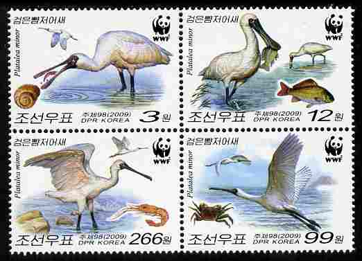 North Korea 2009 WWF - Endangered Species - Spoonbil set-tenant block of 4 unmounted mint SG N4881b-e, stamps on birds, stamps on  wwf , stamps on spoonbills, stamps on shells, stamps on marine life, stamps on fish, stamps on crabs, stamps on 