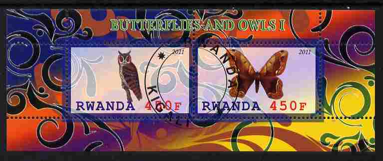 Rwanda 2011 Butterflies & Owls #1 perf sheetlet containing 2 values fine cto used, stamps on butterflies, stamps on owls, stamps on birds, stamps on birds of prey