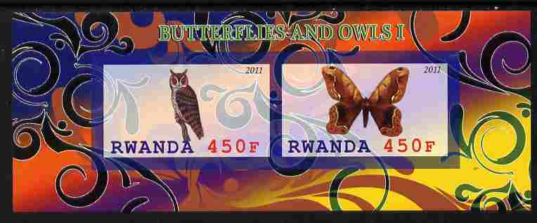 Rwanda 2011 Butterflies & Owls #1 imperf sheetlet containing 2 values unmounted mint, stamps on butterflies, stamps on owls, stamps on birds, stamps on birds of prey