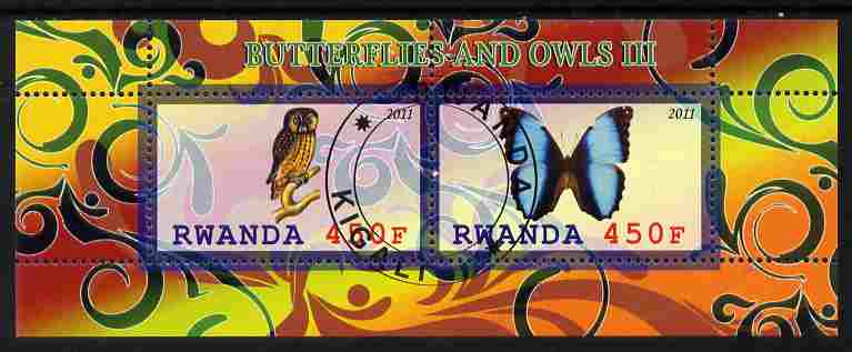 Rwanda 2011 Butterflies & Owls #3 perf sheetlet containing 2 values fine cto used, stamps on , stamps on  stamps on butterflies, stamps on  stamps on owls, stamps on  stamps on birds, stamps on  stamps on birds of prey