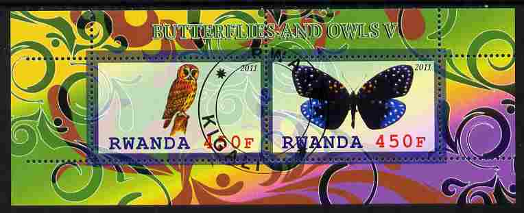 Rwanda 2011 Butterflies & Owls #5 perf sheetlet containing 2 values fine cto used, stamps on butterflies, stamps on owls, stamps on birds, stamps on birds of prey