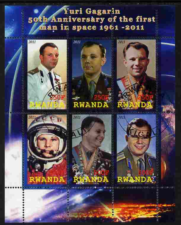 Rwanda 2011 50th Anniversary of First Man in Space perf sheetlet containing 6 values fine cto used, stamps on personalities, stamps on space