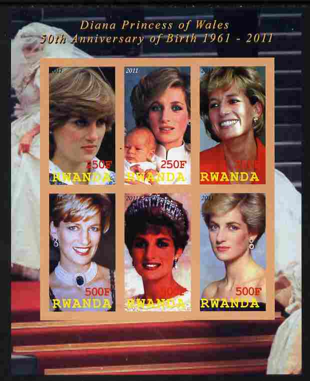Rwanda 2011 50th Birth Anniversary of Princess Diana imperf sheetlet containing 6 values unmounted mint, stamps on personalities, stamps on royalty, stamps on diana