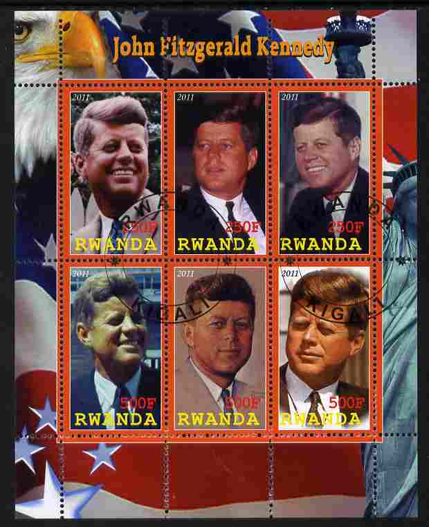 Rwanda 2011 John F Kennedy perf sheetlet containing 6 values fine cto used, stamps on personalities, stamps on kennedy, stamps on flags, stamps on usa presidents, stamps on americana, stamps on statue of liberty