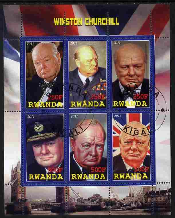 Rwanda 2011 Winston Churchill perf sheetlet containing 6 values fine cto used, stamps on personalities, stamps on churchill, stamps on london, stamps on bridges