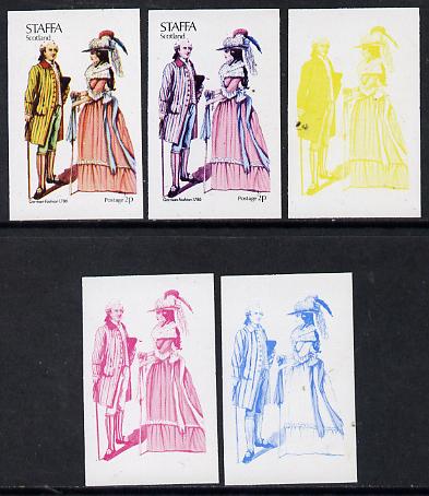Staffa 1974 Costumes 1/2p (German Fashion 1786) set of 5 imperf progressive colour proofs comprising 3 individual colours (red, blue & yellow) plus 3 and all 4-colour com..., stamps on costumes