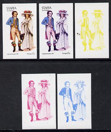 Staffa 1974 Costumes 2.5p (Lady & Muscadin 1789) set of 5 imperf progressive colour proofs comprising 3 individual colours (red, blue & yellow) plus 3 and all 4-colour composites unmounted mint, stamps on costumes