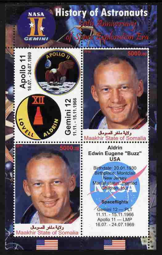 Maakhir State of Somalia 2010 50th Anniversary of Space Exploration #06 - Edwin Buzz Aldrin perf sheetlet containing 2 values plus 2 labels unmounted mint , stamps on personalities, stamps on space, stamps on apollo