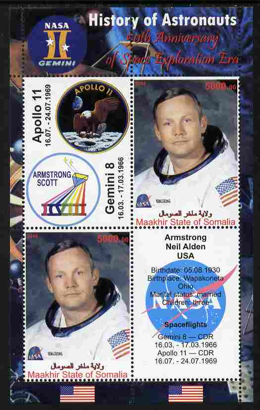 Maakhir State of Somalia 2010 50th Anniversary of Space Exploration #07 - Neil Armstrong perf sheetlet containing 2 values plus 2 labels unmounted mint , stamps on personalities, stamps on space, stamps on apollo