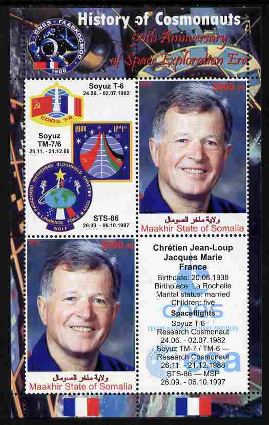 Maakhir State of Somalia 2010 50th Anniversary of Space Exploration #08 - Jean-Loup Chretien perf sheetlet containing 2 values plus 2 labels unmounted mint , stamps on personalities, stamps on space, stamps on 