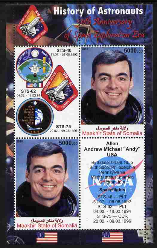 Maakhir State of Somalia 2010 50th Anniversary of Space Exploration #09 - Andrew Andy Allen perf sheetlet containing 2 values plus 2 labels unmounted mint , stamps on personalities, stamps on space, stamps on shuttle