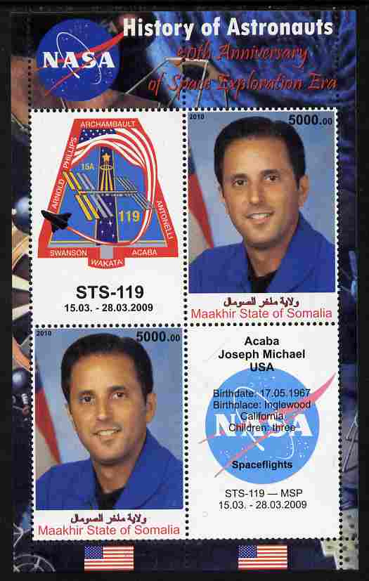 Maakhir State of Somalia 2010 50th Anniversary of Space Exploration #10 - Joseph Acaba perf sheetlet containing 2 values plus 2 labels unmounted mint , stamps on personalities, stamps on space, stamps on 