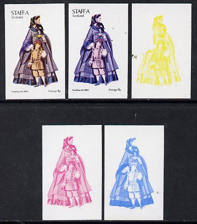 Staffa 1974 Costumes 4p (Travelling Coat 1860) set of 5 imperf progressive colour proofs comprising 3 individual colours (red, blue & yellow) plus 3 and all 4-colour composites unmounted mint, stamps on costumes
