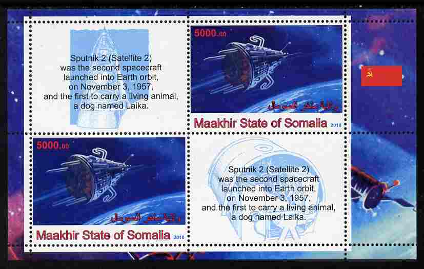 Maakhir State of Somalia 2010 Space - Sputnik 2 perf sheetlet containing 2 values plus 2 labels unmounted mint , stamps on , stamps on space, stamps on satellites