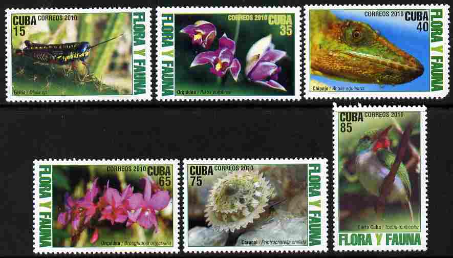Cuba 2010 Flora & Fauna perf set of 6 values unmounted mint, stamps on birds, stamps on flowers, stamps on cactus, stamps on insects, stamps on reptiles, stamps on snails, stamps on shells