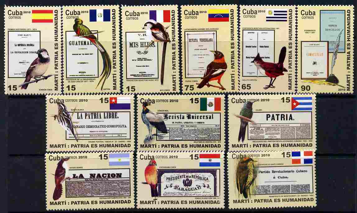Cuba 2010 Birds, Flags & Documents perf set of 12 values unmounted mint, stamps on birds, stamps on flags, stamps on 