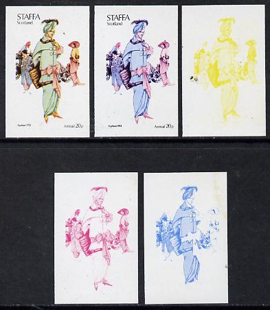 Staffa 1974 Costumes 20p (Fashion 1913) set of 5 imperf progressive colour proofs comprising 3 individual colours (red, blue & yellow) plus 3 and all 4-colour composites ..., stamps on costumes