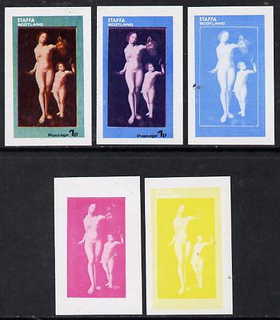 Staffa 1974 Paintings of Nudes  1p (un-named) set of 5 imperf progressive colour proofs comprising 3 individual colours (red, blue & yellow) plus 3 and all 4-colour composites unmounted mint, stamps on arts    nudes