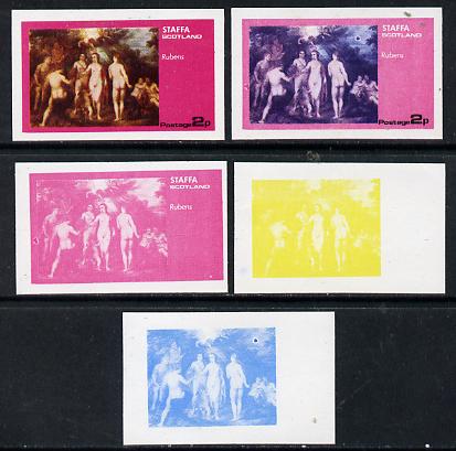 Staffa 1974 Paintings of Nudes  2p (Rubens) set of 5 imperf progressive colour proofs comprising 3 individual colours (red, blue & yellow) plus 3 and all 4-colour composites unmounted mint, stamps on , stamps on  stamps on arts    nudes, stamps on  stamps on renaissance