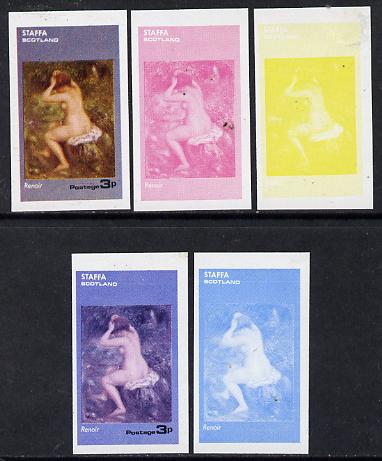Staffa 1974 Paintings of Nudes  3p (Renoir) set of 5 imperf progressive colour proofs comprising 3 individual colours (red, blue & yellow) plus 3 and all 4-colour composi..., stamps on arts    nudes    renoir