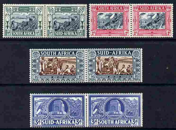 South Africa 1938 Voortrekker Mem Fund set of 4 in horiz pairs, one 1/2dd is creased otherwise fine unmounted mint, SG76-79 , stamps on 
