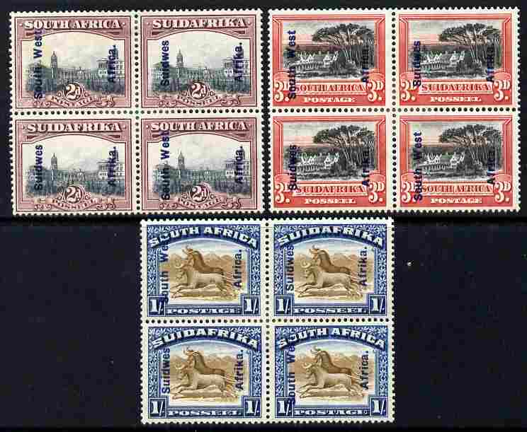 South West Africa 1927 Pictorials 2d, 3d & 1s optd in mint blocks of 4 (reinforced at centre), SG 49-51, stamps on 