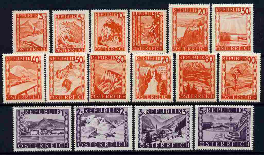 Austria 1947-48 Revaluation pictorial set of 16 values unmounted mint, SG 1072-86a , stamps on tourism