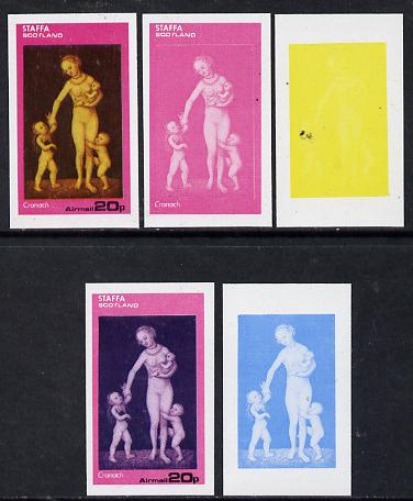 Staffa 1974 Paintings of Nudes  20p (Cranach) set of 5 imperf progressive colour proofs comprising 3 individual colours (red, blue & yellow) plus 3 and all 4-colour compo..., stamps on arts    nudes    cranach