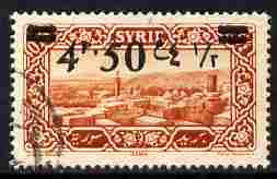Syria 1926 4p50 on 0p75 brown-red fine used single with comma variety as SG 215 , stamps on 