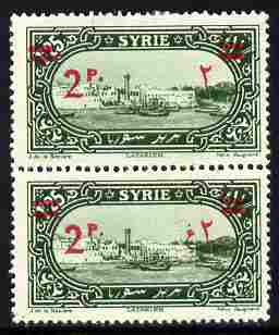 Syria 1928 Surcharged 2p on 1p25 green (surch in red), mounted mint vert pair, upper stamp with Arabic fraction omitted as SG222 , stamps on 